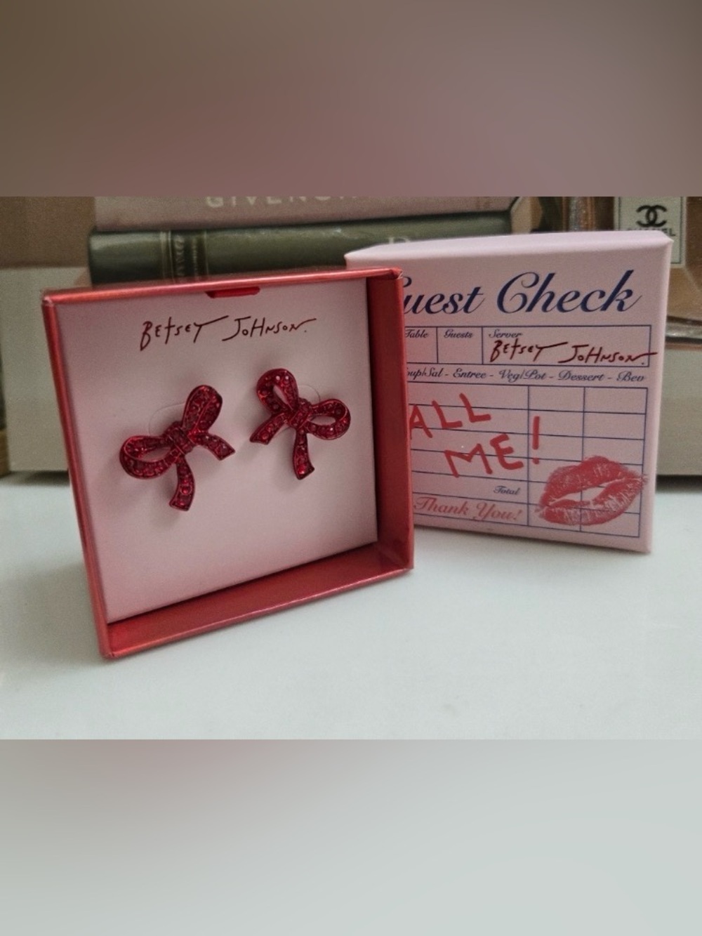 NWT Betsey Johnson Red Sparkle Glitter Bow Stud Earrings Gem Encrusted